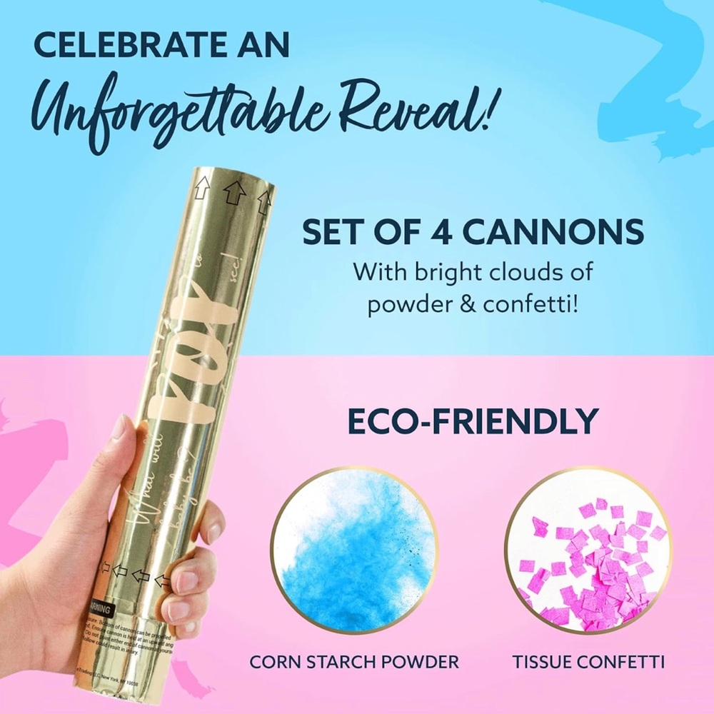 Gender Reveal Confetti Powder Cannon - Set of 4 Mixed (2 Blue 2 Pink) - Picture 2 of 3